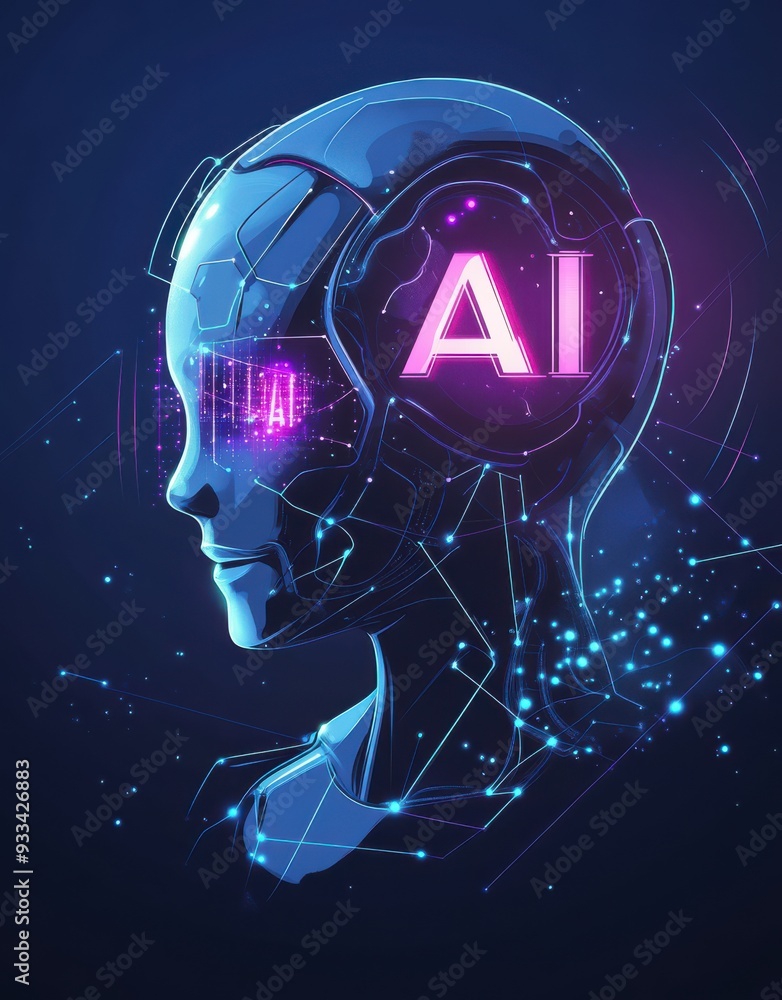 Aufkleber digital ai robot head with glowing neon pink ai text and futuristic technological design