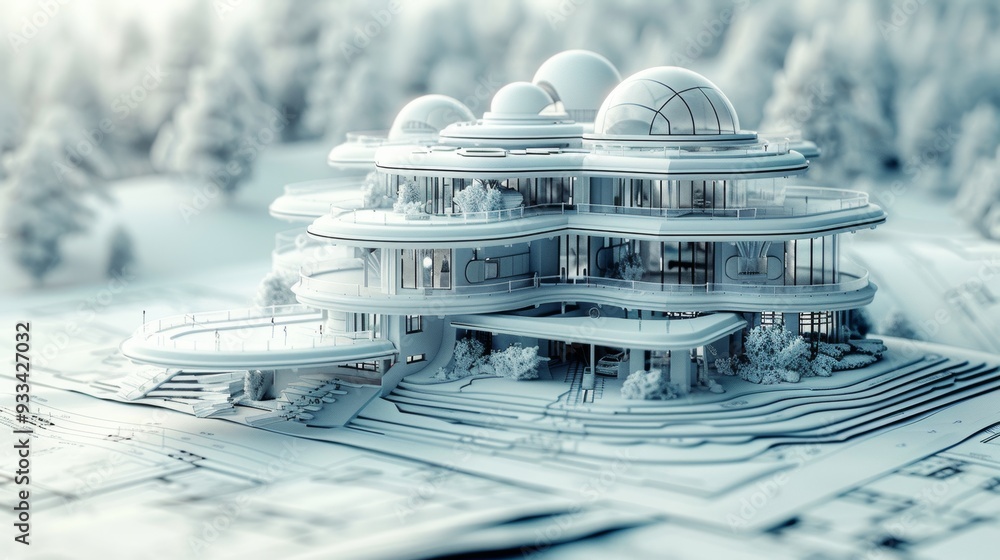 Poster futuristic architectural model with detailed blueprints and design elements