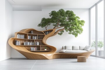 Modern bookshelf with integrated tree design and sofa in a minimalist living room