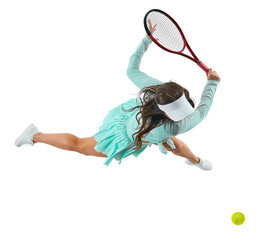 Dynamic shot of female tennis player in aqua sportswear in mid-serve position against transparent...