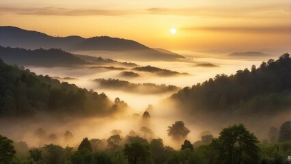 The first light of sunrise breaking over a dense forest, illuminating the misty morning with soft golden hues, as the world slowly wakes up to the sounds of nature.-