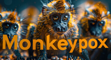 Creative representation of monkeys with exaggerated features in connection with the monkeypox virus, highlighting the link between the disease and its animal origins