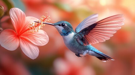 hyperrealistic closeup of iridescent hummingbird midflight vibrant feathers motion blur on wings tropical flower background
