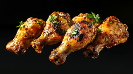 Golden-brown grilled chicken drumsticks garnished with herbs, floating mid-air with crispy texture, against a dark background.