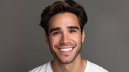 Obraz premium Close up portrait of handsome young man with white teeth smiling and looking at camera.