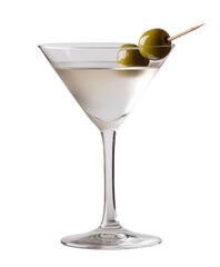 classic martini cocktail garnished with green olive on a skewer isolated on transparent background