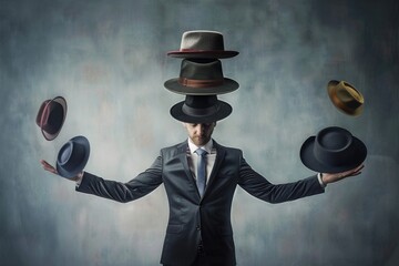 A person wearing a suit juggles multiple hats on their head, showcasing dexterity and coordination