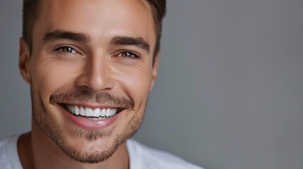 Naklejka premium Close up portrait of handsome young man with white teeth smiling and looking at camera.