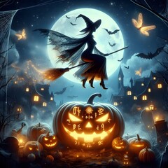 Halloween background with pumpkins and witch in front for wish card 