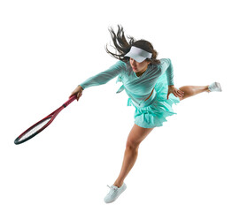 Young woman, tennis player in mint-green outfit, mid-serve, with ball and racquet in action against transparent background. Concept of professional sport, championship, active lifestyle, tournament. © Lustre Art Group 