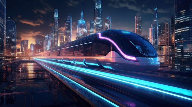 A sleek, futuristic maglev train gliding through a neon-lit cyberpunk city at night.