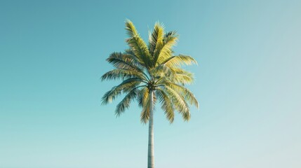 A solitary palm tree swaying gently in the breeze, its fronds rustling like whispers against the backdrop of a clear blue sky.