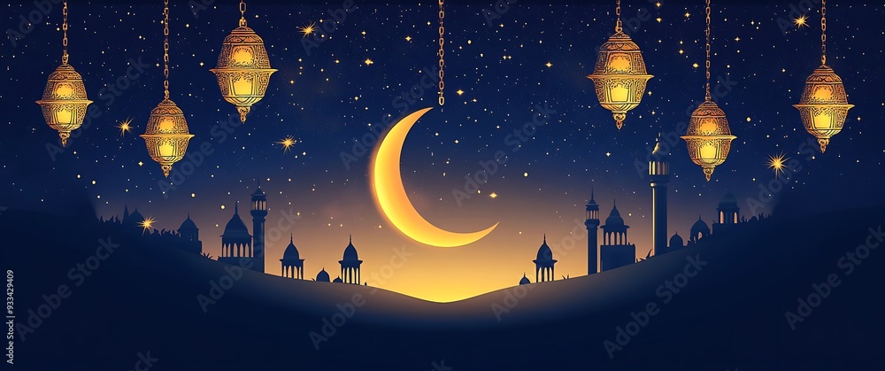 Wall mural eid mubarak and ramadan kareem greetings with an islam crescent, lantern, mosque banner backdrop