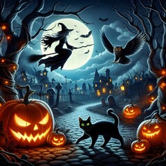Halloween background with pumpkins and witch in front for wish card 