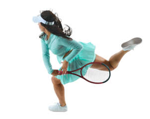 Overhead view shot of young athletic woman prepares to hitting ball with racquet against transparent background. Concept of professional sport, championship, active lifestyle, tournament. Ad