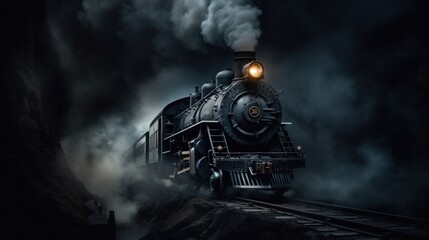 Fototapeta premium A steam locomotive emerging from a dark, foggy tunnel, its headlight piercing the gloom, illuminating the tracks ahead.