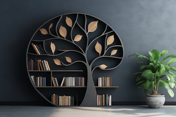Unique bookshelf shaped like a tree with potted plant
