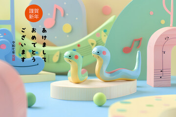 Naklejka premium 可愛いヘビくんの年賀状-1