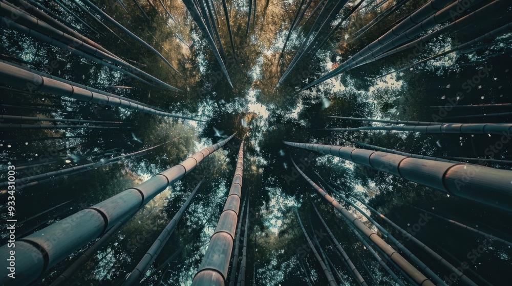 Poster a towering bamboo forest, its slender stalks reaching towards the sky, creating a mesmerizing patter