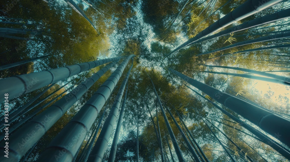 Poster a towering bamboo forest, its slender stalks reaching towards the sky, creating a mesmerizing patter