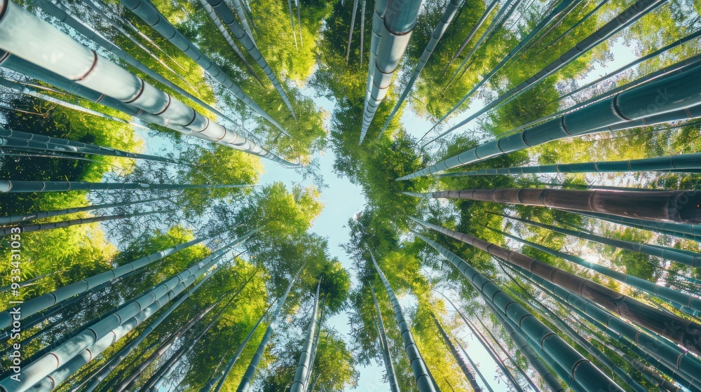 Poster a towering bamboo forest, its slender stalks reaching towards the sky, creating a mesmerizing patter