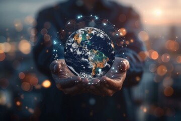 Businessman holding digital earth, global network, blurred backdrop, smart city idea, photorealistic, cinematic light.