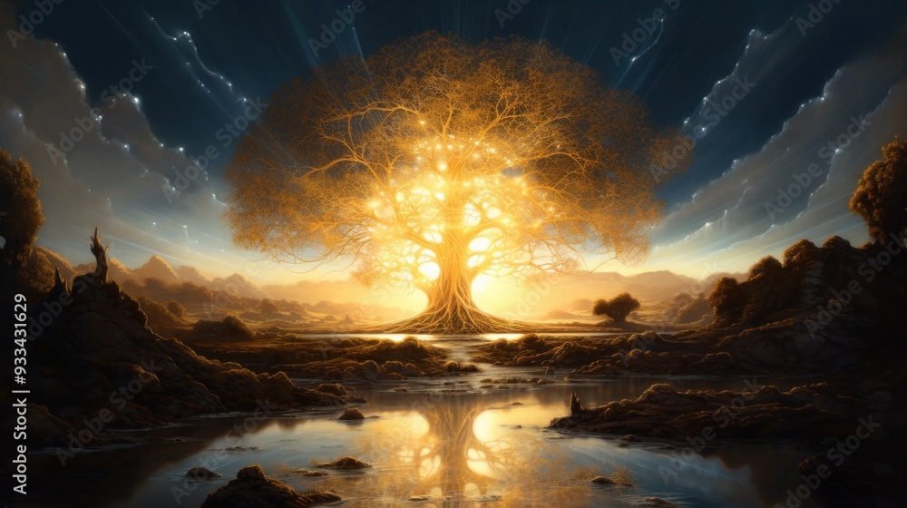 Poster a tree with roots that glow with an ethereal luminescence, casting an otherworldly glow upon the sur