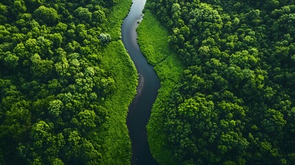 Stunning aerial shot capturing the vastness of an endless green forest and the winding river that cuts through it