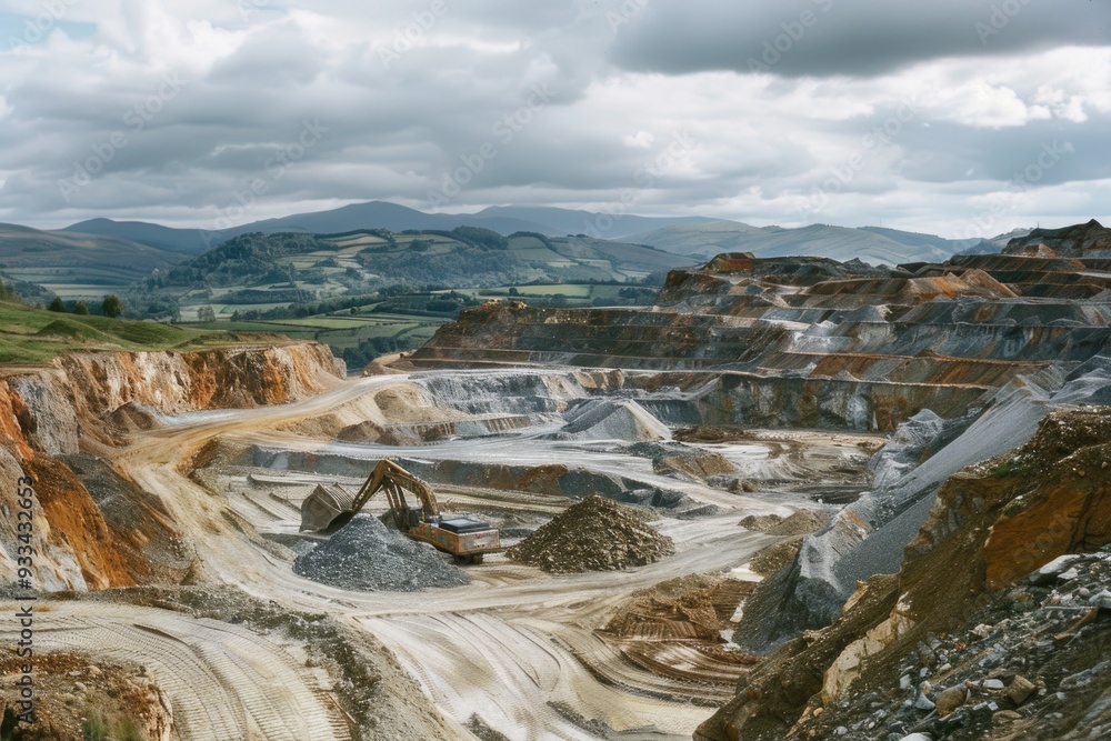 Poster a large open pit mine surrounded by piles of dirt and earth