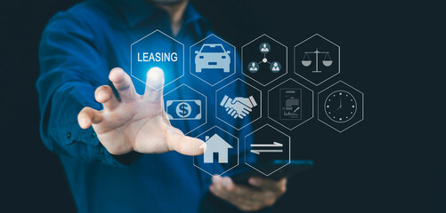 Professional businessman, Leasing business concept with icons about contract agreement between lessee and lessor over the rent of an asset as car, vehicle, land, real estate, equipment, buy