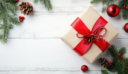 Red Christmas gift with bow on white wood, tree branches, baubles, stars.