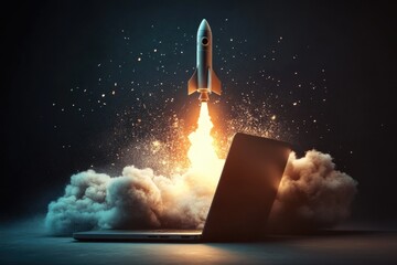 A rocket blasts off from a laptop, symbolizing innovation and technology advancement, in a dramatic and colorful composition.