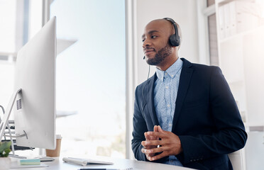 Black man, call center telemarketing and computer in office, online faq chat and tech support...