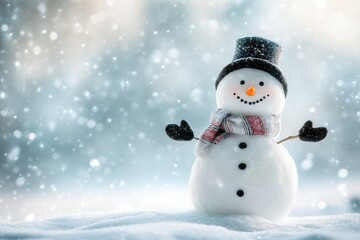 Obraz premium Snowman with red striped hat and scarf in snowy landscape, blue bokeh sky.
