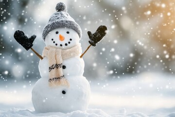 Fototapeta premium Snowman with red striped hat and scarf in snowy landscape, blue bokeh sky.