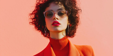 Fototapeta premium Stylish Woman with Curly Hair and Sunglasses Wearing Orange Fashion Outfit Against Pastel Background