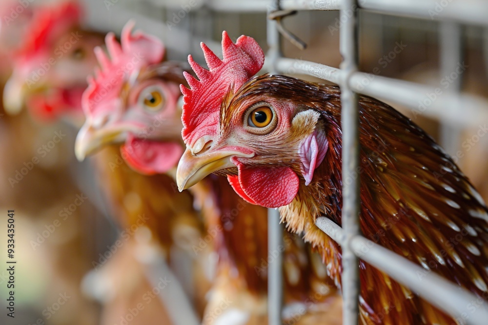 Sticker Group of chickens standing together behind a farm or backyard fence