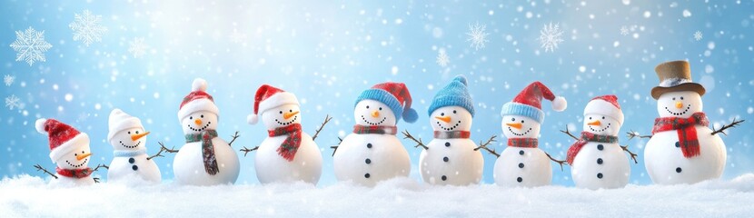 Colorful snowmen in the snow with falling snowflakes, blue sky, panoramic view.