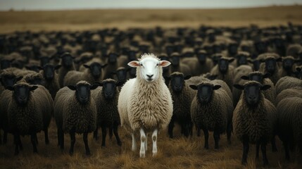 Fototapeta premium A compelling scene featuring a solitary white sheep making a strong visual contrast as it stands among a sea of black sheep, highlighting themes of individuality and diversity.
