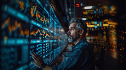 Focused businessman analyzing floating data visualization on tech screen