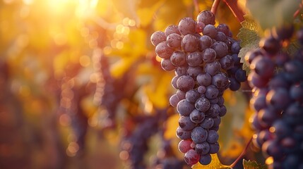 Ripe grape cluster in vineyard during autumn harvest sunset