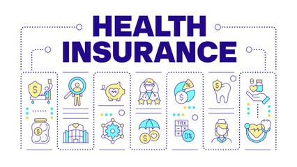 Health insurance word concept isolated on white. Medical health plan. Healthcare provider. Creative illustration banner surrounded by editable line colorful icons. Hubot Sans font used