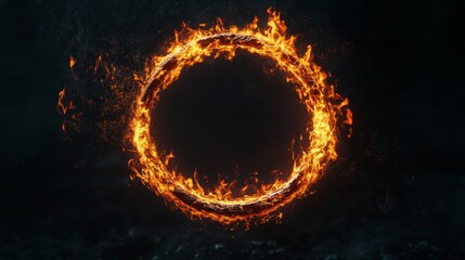Fototapeta premium A circular ring of intense fire set against a dark backdrop, visually striking and symbolizing infinite energy, strength, and a sense of void with its blazing presence.