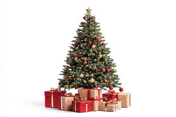 3D Christmas tree with red and white gifts on a pure white background.