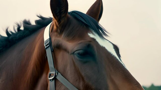 Chestnut horse with strong muscles and shiny coat, grazing in a field.