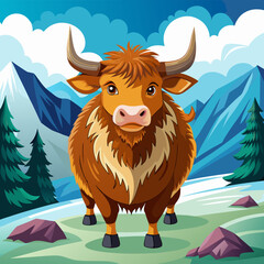 Brown Cow or Yak Amid Snowy Landscape art vector illustration