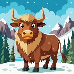 Brown Cow or Yak Amid Snowy Landscape art vector illustration