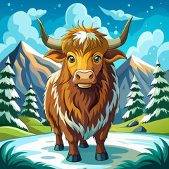 Brown Cow or Yak Amid Snowy Landscape art vector illustration