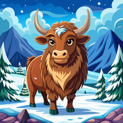 Brown Cow or Yak Amid Snowy Landscape art vector illustration