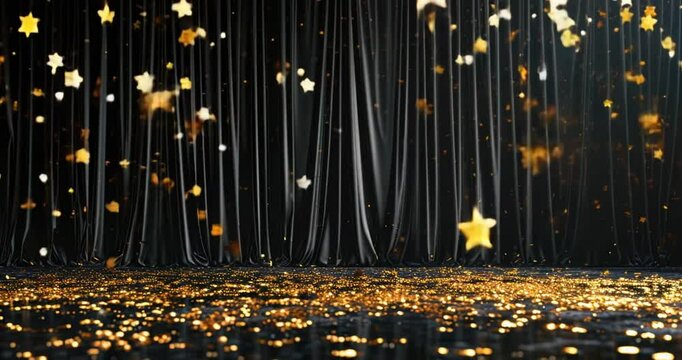 black graduation award curtain background with falling gold star glitter confetti looping seamless loop, empty place space theater stage podium platform dais display for Christmas new-year eve party